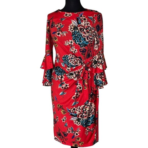 Women's Shelby & Palmer Midi Red Floral Shift Dress w/Flutter Sleeves Size 6 - Picture 1 of 15